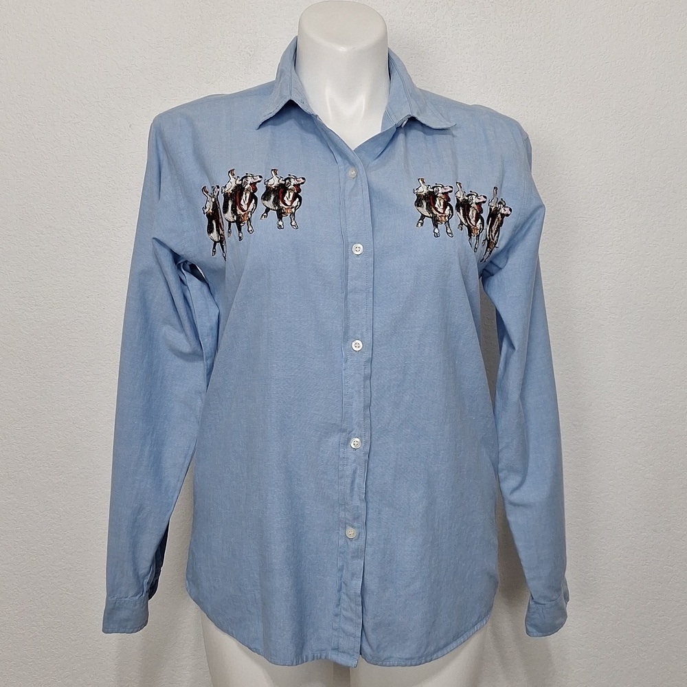 Buckles Light Blue Chambray Cow and Duck Print Western Novelty Shirt Size L